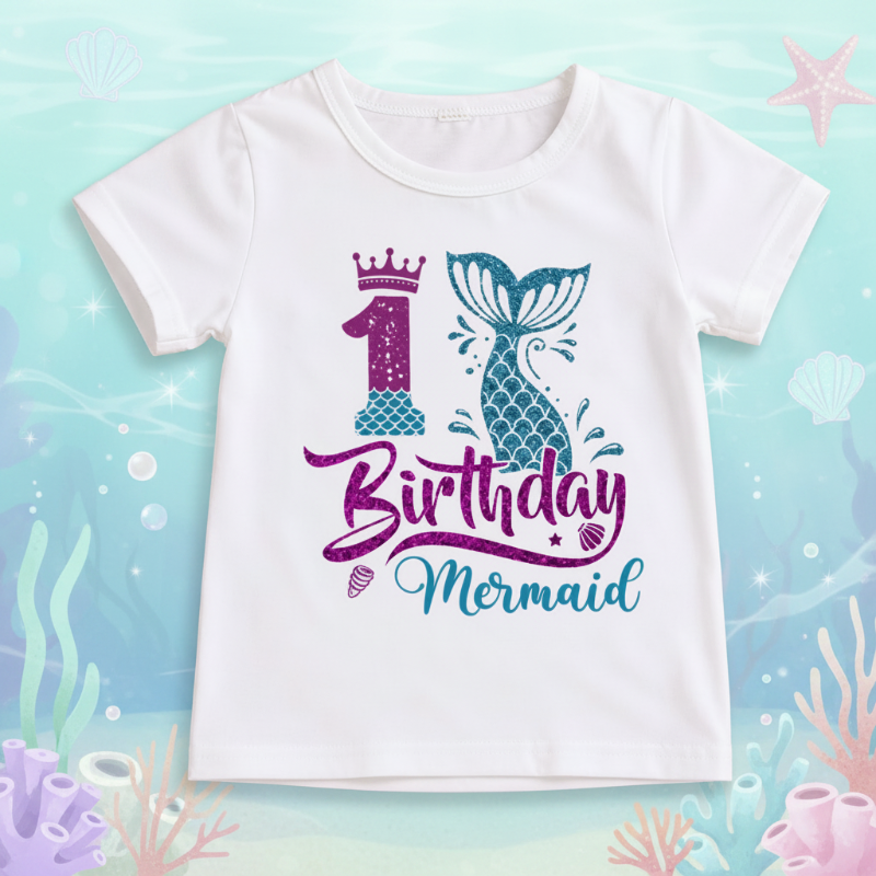 White first-birthday T-shirt with a purple number 1, crown, and teal mermaid tail