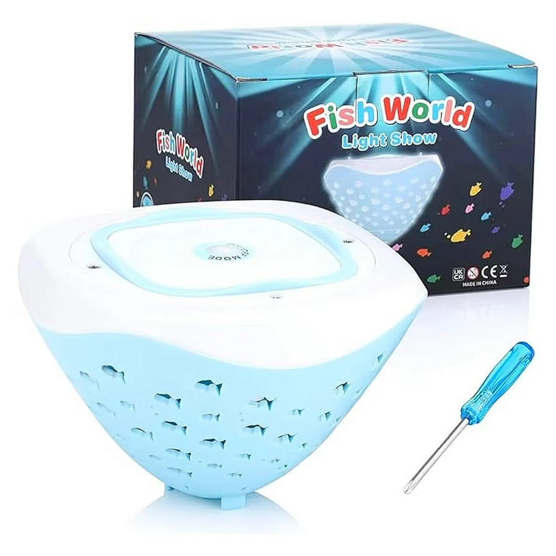 White and light blue fish-projection bath light with its box and a small screwdriver