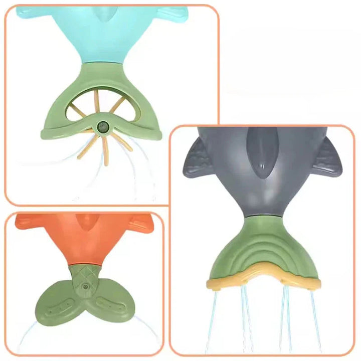 Close-up views of the bath fish tails with water flowing through their openings