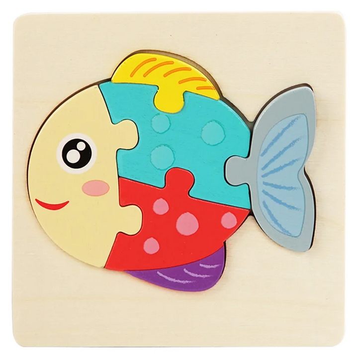 Fish wooden jigsaw puzzle with a cream face, colorful body pieces, and blue tail