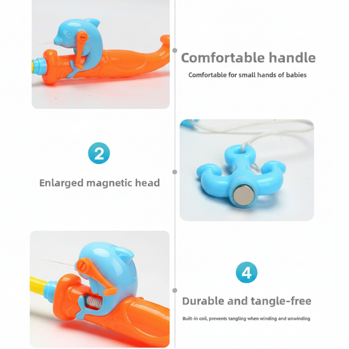 Close-up views of the fishing rod handle, magnetic tip and reel.