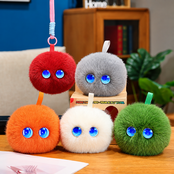 Red, gray, orange, cream and green AI plush toys with hanging loops