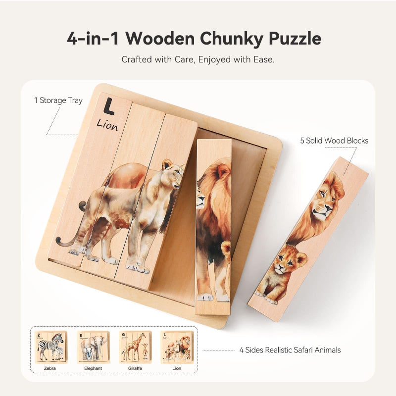 Five wooden puzzle blocks and one storage tray with four animal picture options