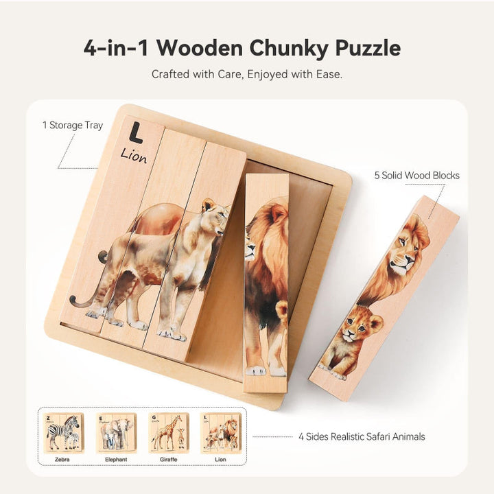 Five wooden puzzle blocks and one storage tray with four animal picture options