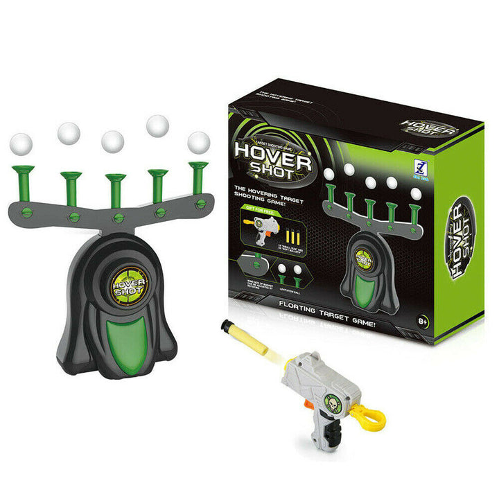 Five-ball floating target game with a gray and yellow toy gun and retail box