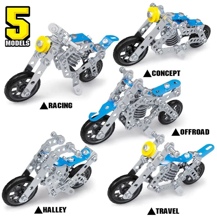 Five blue and silver motorcycle designs built from construction kit parts
