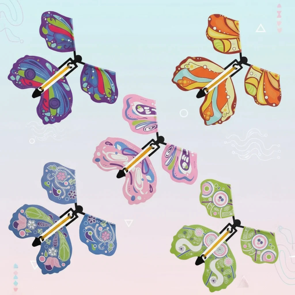 Five wind-up butterfly toys with purple, pink, green, and orange patterned wings
