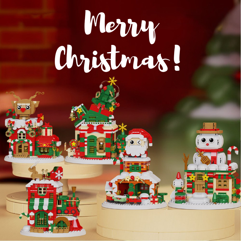 Five Christmas building block models displayed on round stands, including Santa, a snowman, and a Christmas tree