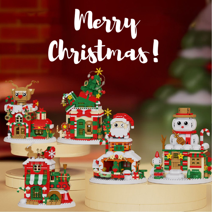 Five Christmas building block models displayed on round stands, including Santa, a snowman, and a Christmas tree