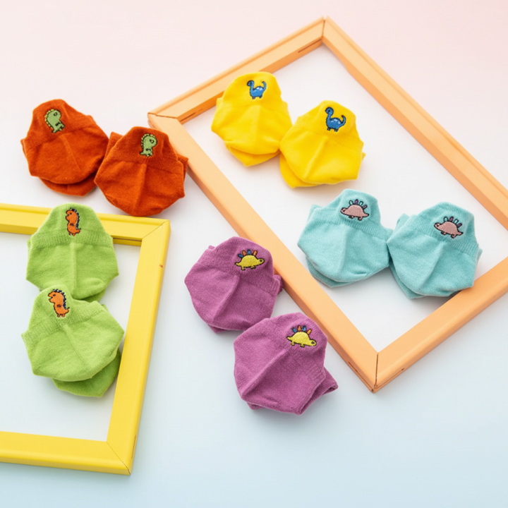 Five pairs of dinosaur socks in orange, yellow, blue, green, and purple