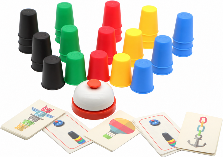 Red, blue, yellow, black, and green stacking cups with a bell and illustrated pattern cards