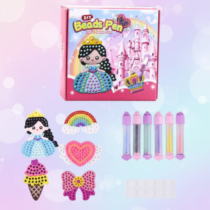 Five-design bead craft set with six applicator pens, colored beads, stickers, and storage box