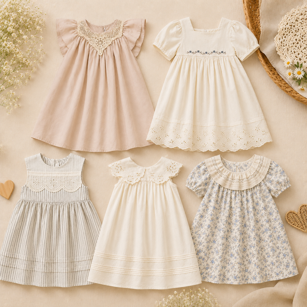 Five girls' dresses in blush, ivory, stripes, white, and a blue floral print.