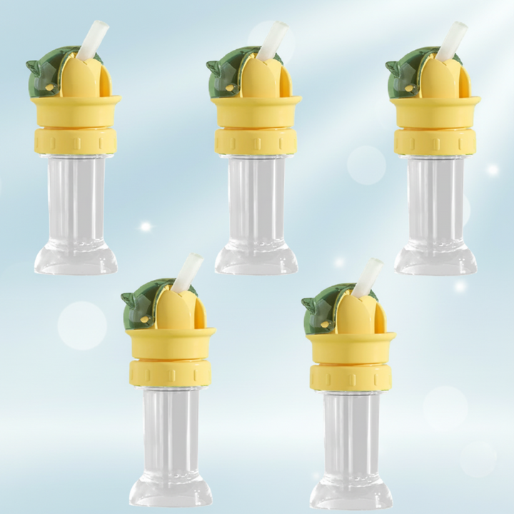 Five green flip-top bottle caps with yellow bodies and clear straw storage cases.
