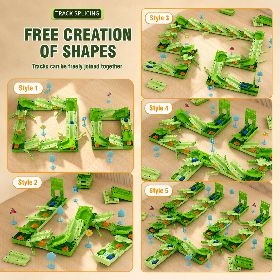 Five different green race track layouts made from modular sections