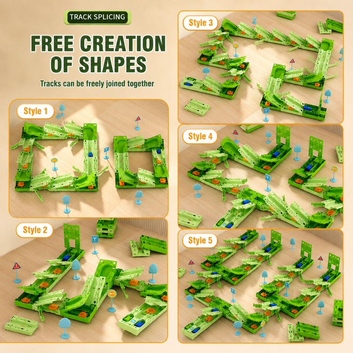 Five different green race track layouts made from modular sections