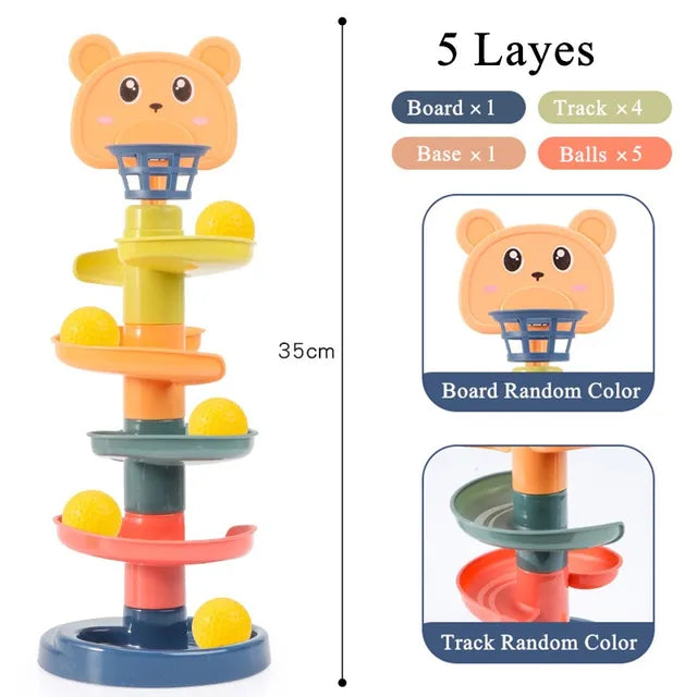 Five-layer ball-drop setup marked 35 cm tall, with four tracks, a base, a bear topper, and five balls