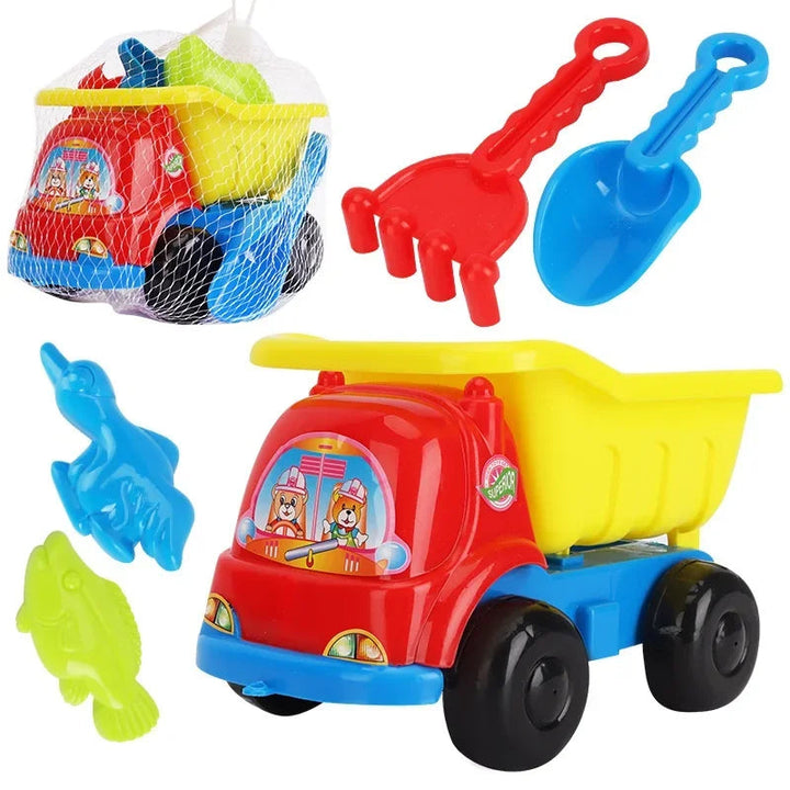 Five-piece sand play set displayed with its mesh packaging, truck, tools, and animal molds.