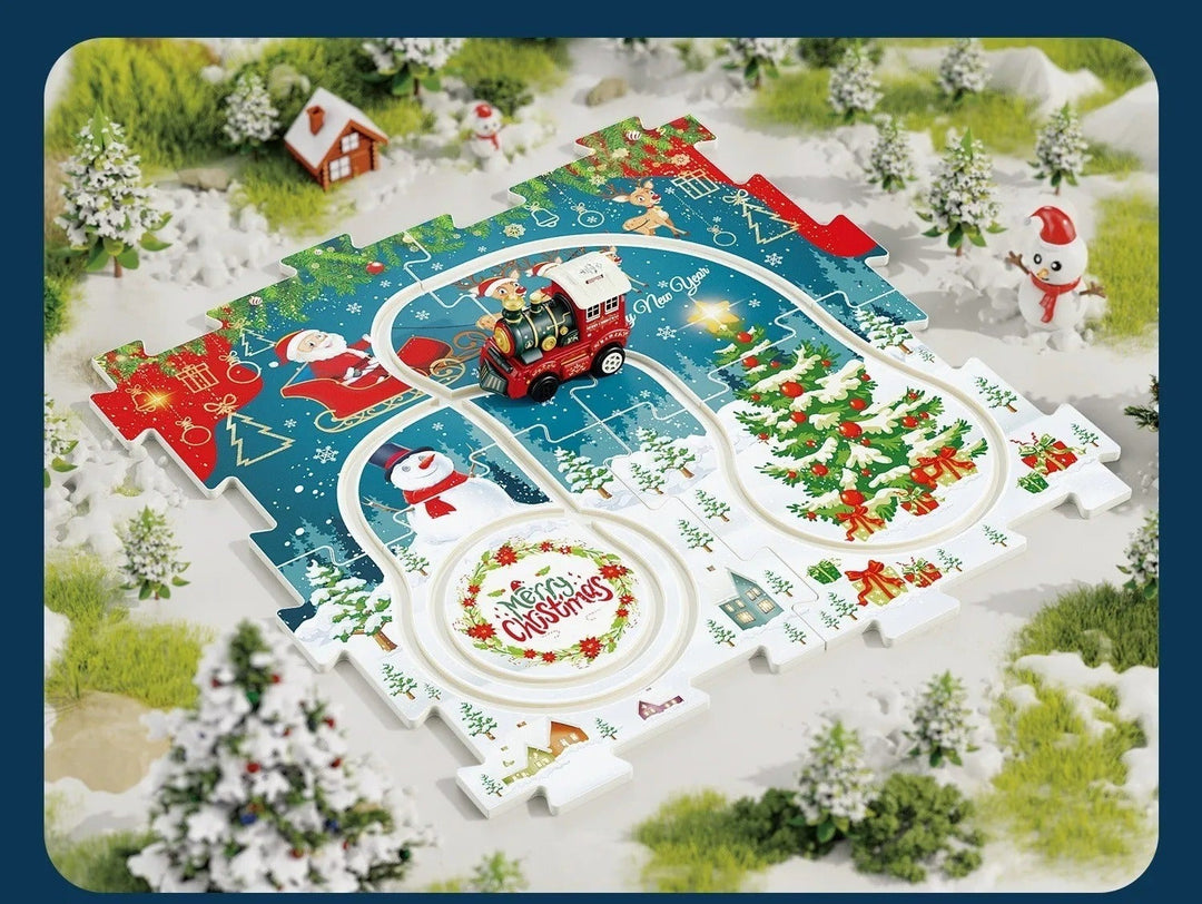 5-piece Christmas train puzzle set shown with a compact square track layout
