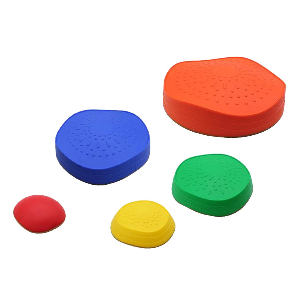 Five colorful stepping stones in different sizes with textured tops