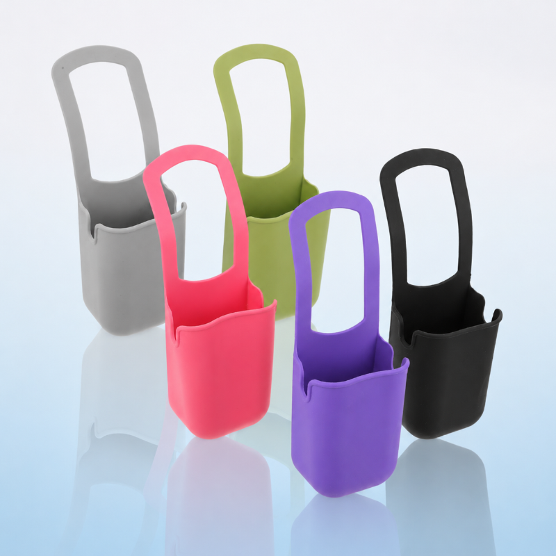 Five flexible silicone cup holders in gray, green, pink, purple, and black.