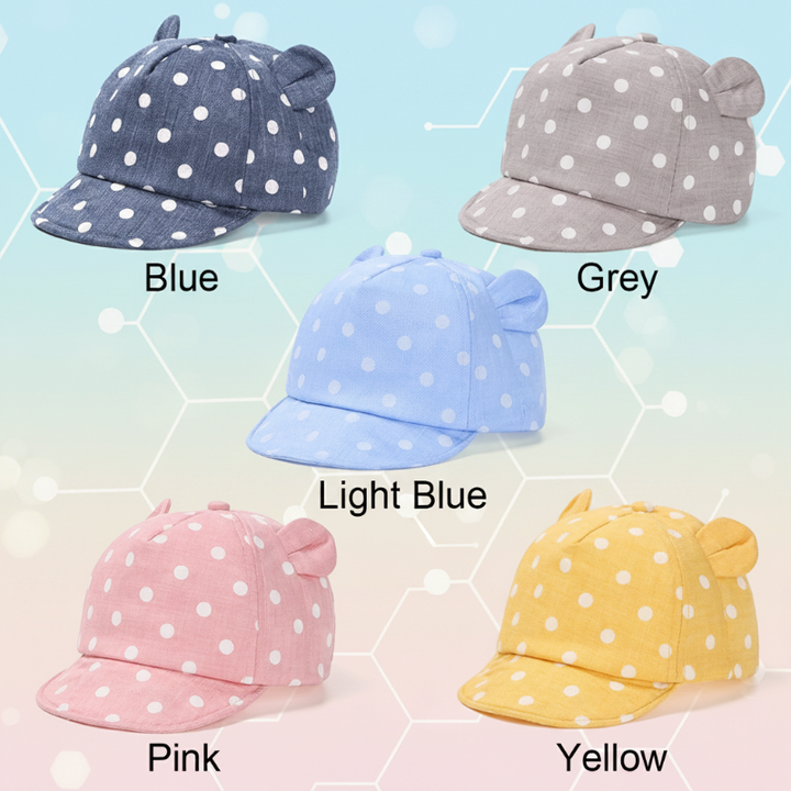 Polka dot cap color chart showing blue, gray, light blue, pink, and yellow.