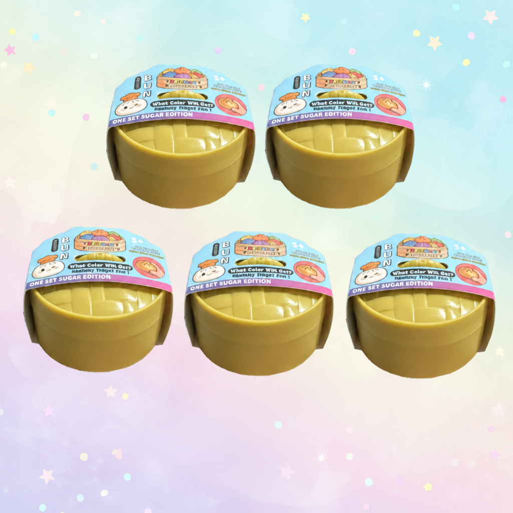 Five-piece glitter dumpling option shown in round steamer-style packages