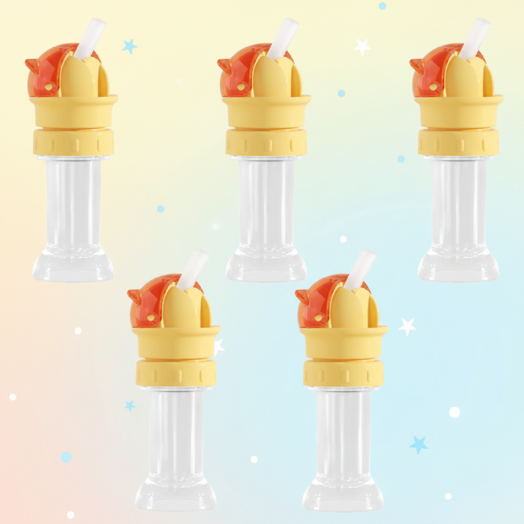 Five red flip-top bottle caps with yellow bodies and clear straw storage cases.