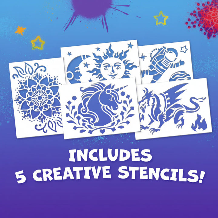 Five stencil sheets featuring designs such as a sun, astronaut, unicorn, and dragon