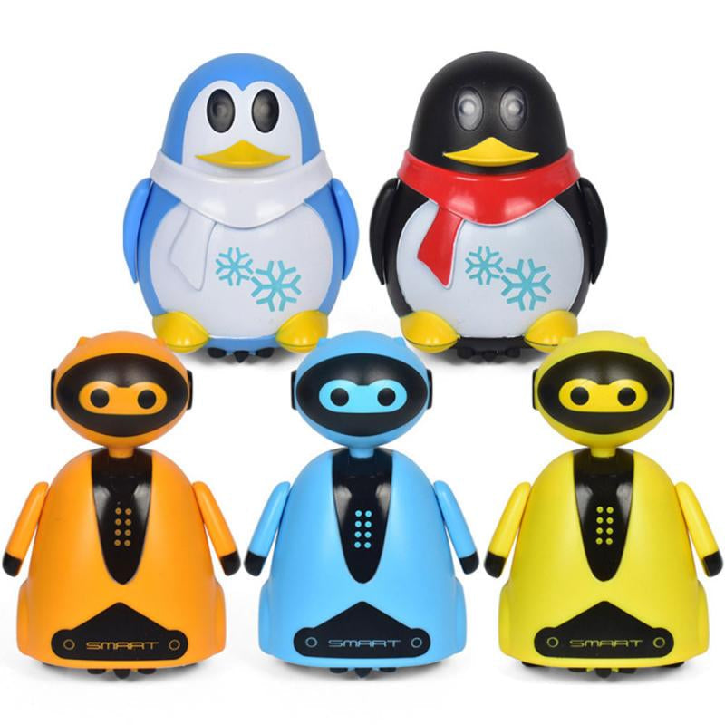 Five line-following toys: blue and black penguins with orange, blue, and yellow robots.