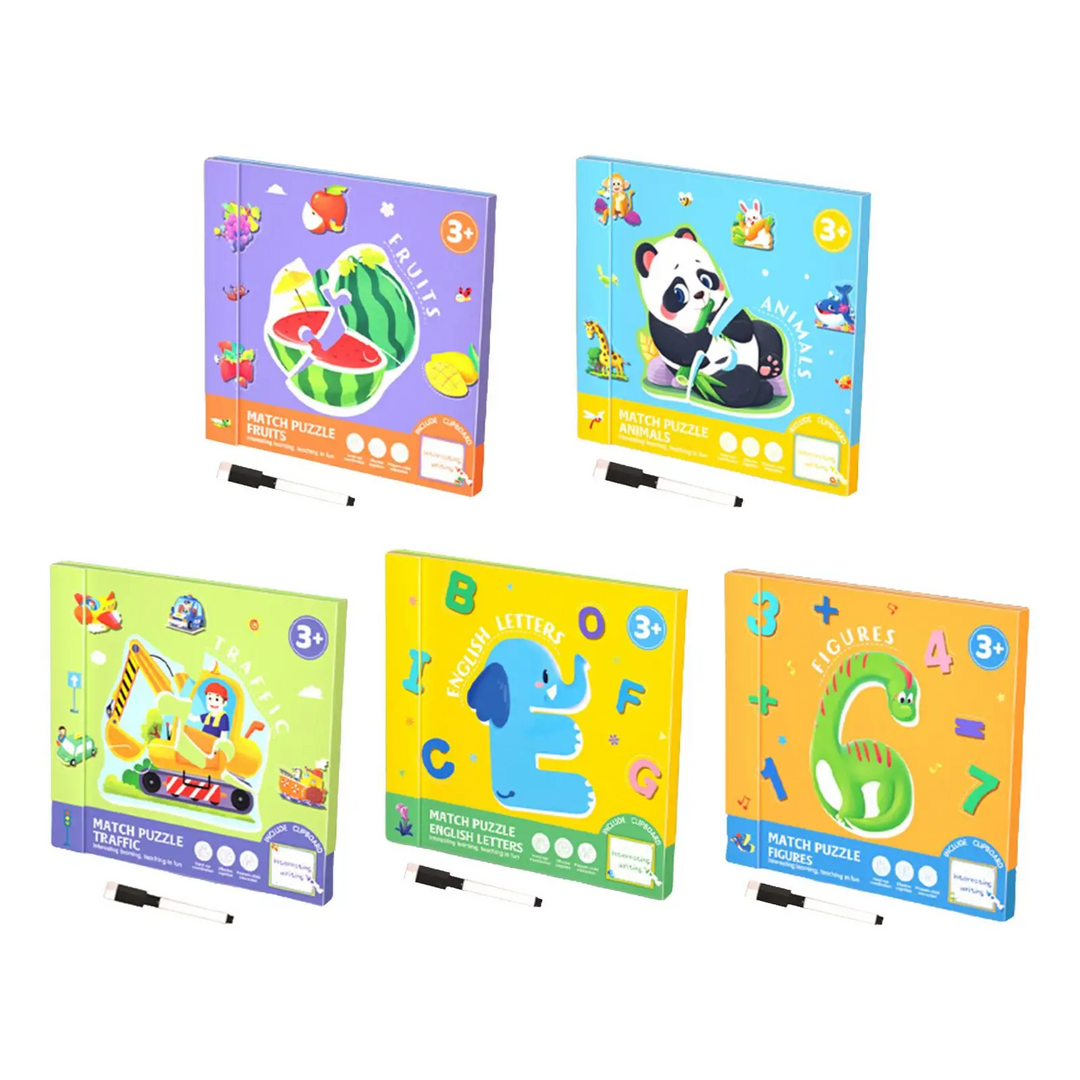 Five themed magnetic puzzle book covers with drawing pens.