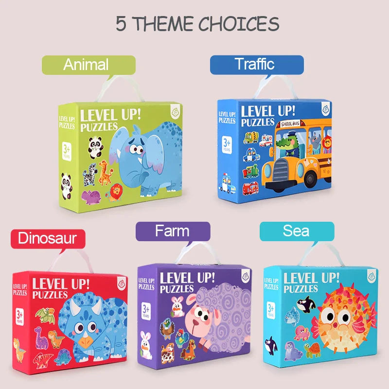 Five wooden puzzle themes: Animals, Traffic, Dinosaur, Farm, and Sea Creatures
