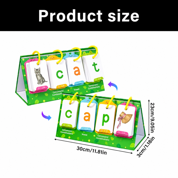 Flashcard stand measurement diagram showing approximately 30 x 3 x 23 cm.