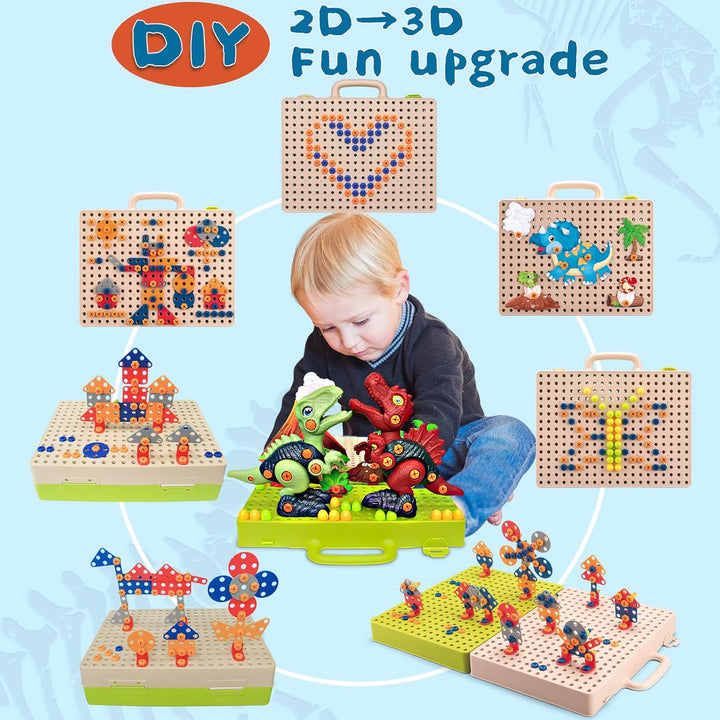 Flat patterns and raised models on carry-case boards beside a child holding dinosaur toys