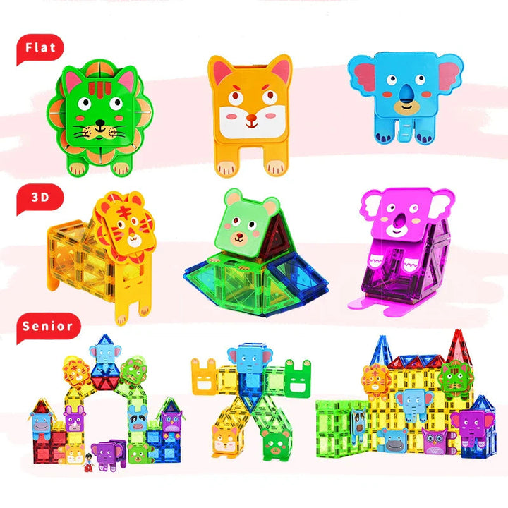 Flat animal faces, three-dimensional animals, and larger structures made with magnetic tiles.
