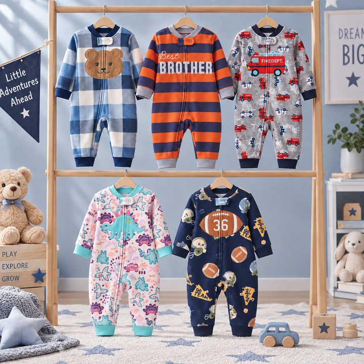 Assorted fleece baby jumpsuits in bear check, orange stripes, fire truck, dinosaur and football designs