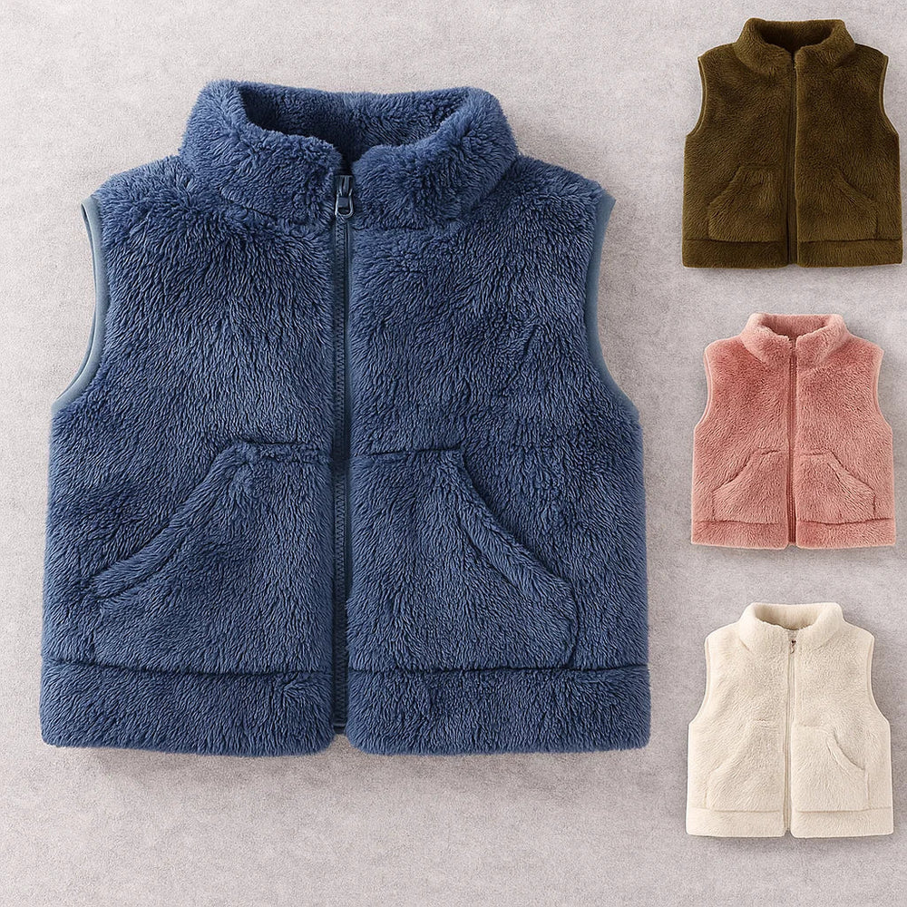 Blue fleece vest beside smaller views of the brown, pink, and white color options