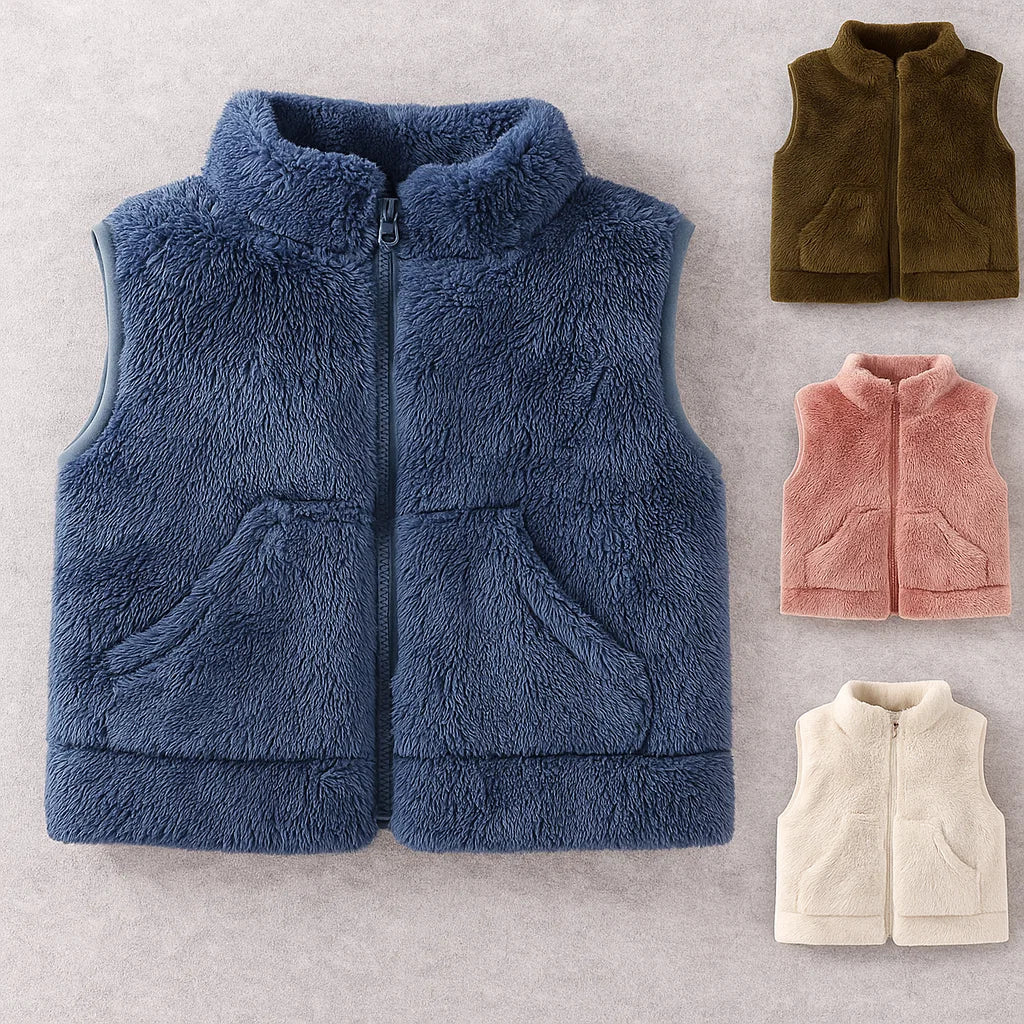 Blue fleece vest beside smaller views of the brown, pink, and white color options