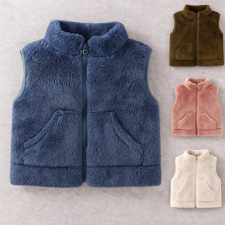 Blue fleece vest beside smaller views of the brown, pink, and white color options
