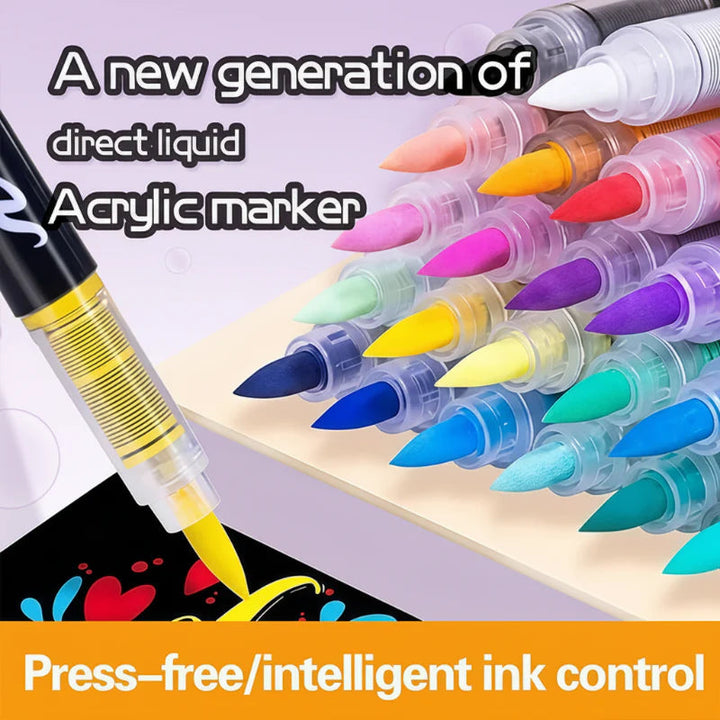 Colorful acrylic brush tips beside a yellow marker drawing on a dark surface