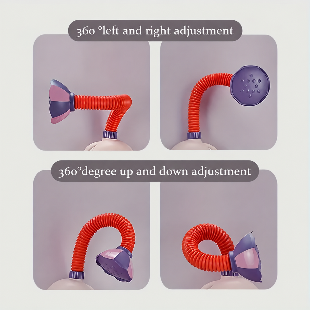 Four views of the flexible shower neck bent left, right, up, and down