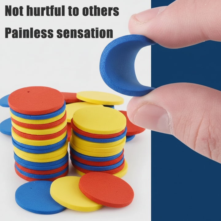 A blue foam disc bent between fingers beside stacks of red, yellow, and blue discs