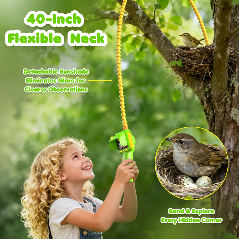 Child using the long yellow camera probe to view a bird&