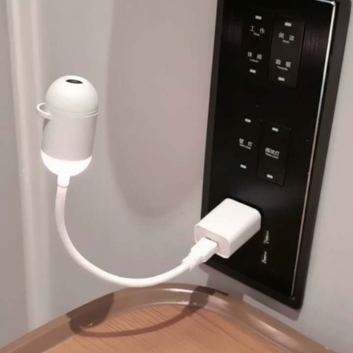 Flexible-neck galaxy lamp connected to a USB adapter at a wall outlet