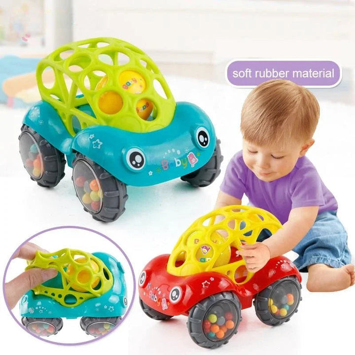 Green rattle toy car beside a child playing with the red version and a close-up of the flexible grip