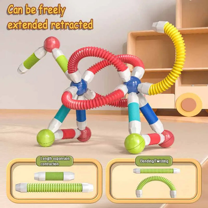 Animal-shaped magnetic build with examples of tubes extending and bending
