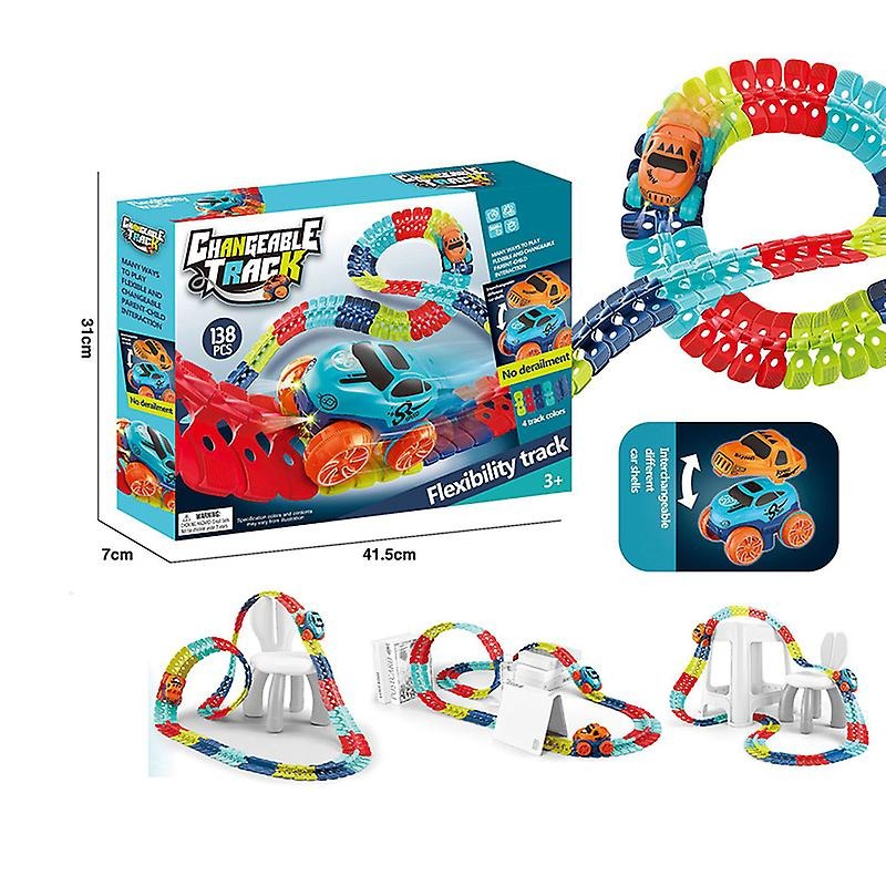 138-piece flexible track set showing loops, a car, and track layout examples