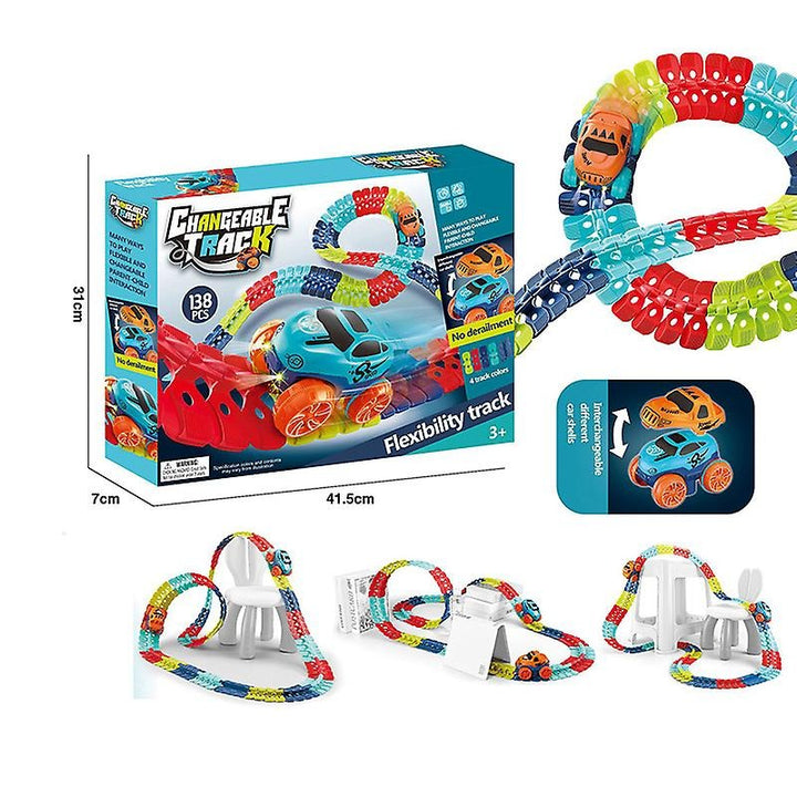 138-piece flexible track set showing loops, a car, and track layout examples