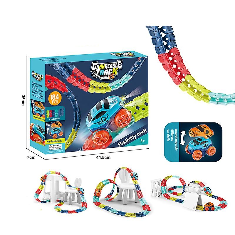 184-piece flexible race track box with a toy car and sample track layouts