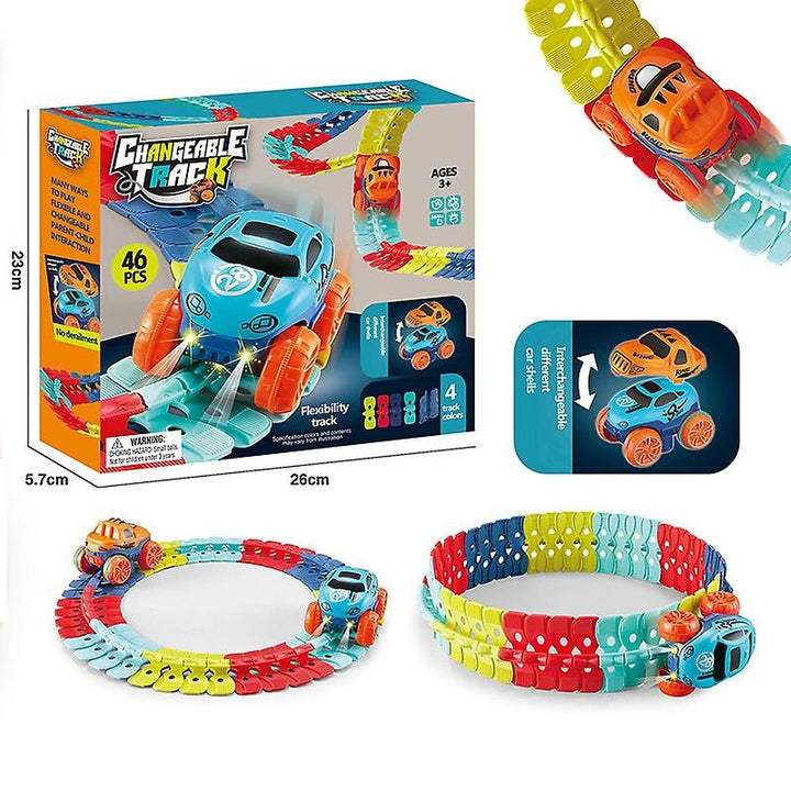 46-piece flexible track set with an oval layout and an upright ring layout